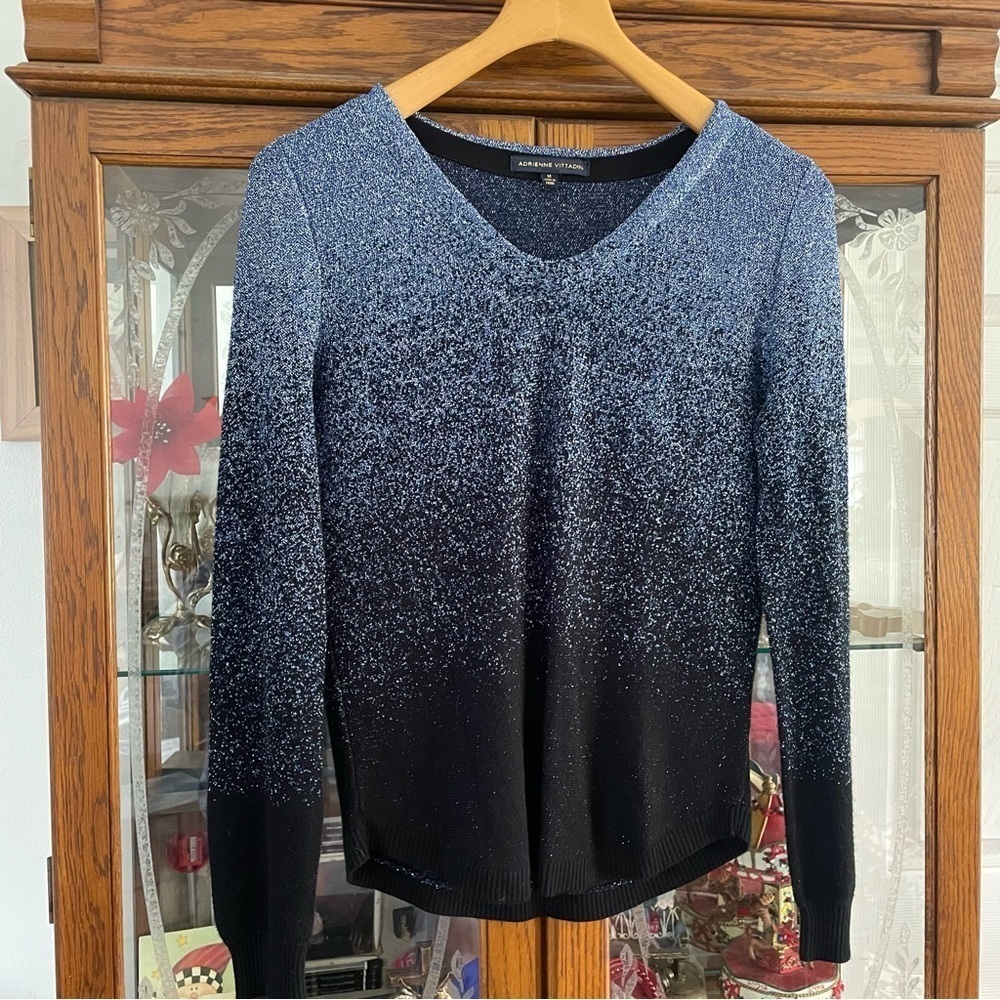 Adrienne Vittadini Metallic Ombré V Neck Sweater Blue Black Silver Size M